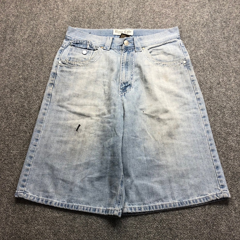 Y2K Mens Baggy Denim Shorts Light Wash Embroidered Y2K Size 34